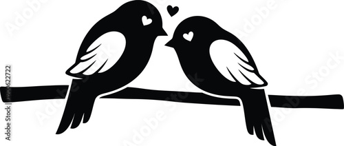 Two love birds silhouette sitting on a branch with hearts. Vector illustration