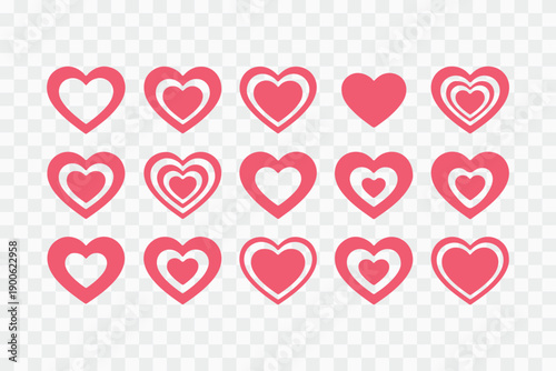 A collection of pink heart shapes arranged in a grid pattern on a plain background isolated on transparent background