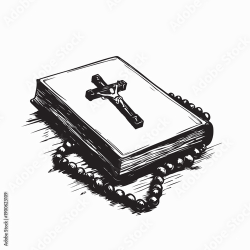 Faith And Devotion Symbol Bible With Rosary Beads Image Vector