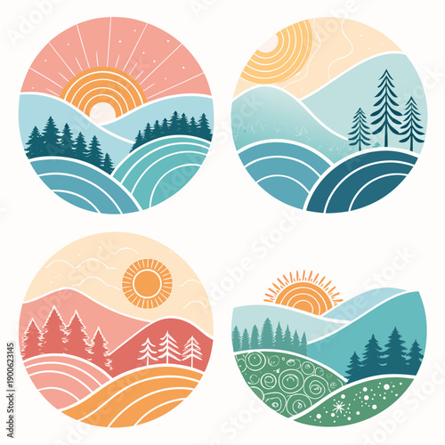 Collection of abstract landscape icons featuring sun, trees, hills, and patterns in various colors and designs in circular frames from an overhead viewpoint