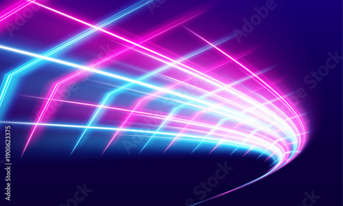 Smooth blue-pink light streaks glide elegantly across the dark scene. Neon glow highlights speed and dynamic motion. Perfect for futuristic and creative visuals. vector