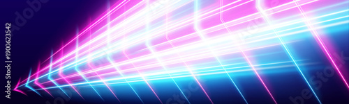 A radiant blue-pink trail stretches into the distance with glowing edges. Smooth neon motion enhances depth and fluidity. Perfect for futuristic high-speed designs. vector