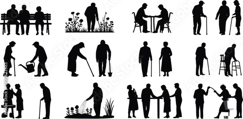 Elderly silhouettes collection, senior people icons, aging lifestyle pictograms, caregiving chart, retirement illustration, healthcare design resource, gerontology figures, community support concept