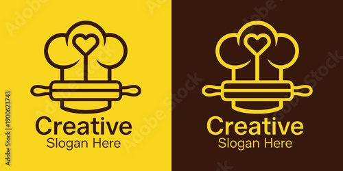 Chef hat with heart and rolling pin bakery logo design