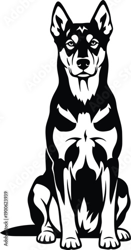 Sitting husky dog black and white graphic stencil art design. Vector illustration