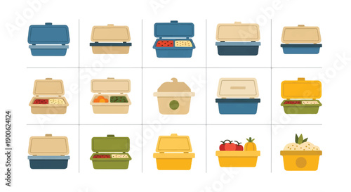 Various lunchboxes containing healthy meals sit neatly arranged on a white surface, showcasing variety and convenience for onthego nutrition.