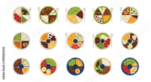 Variety of healthy food bowls arranged on a white surface, showcasing colorful ingredients and balanced portions for a nutritious and vibrant meal.