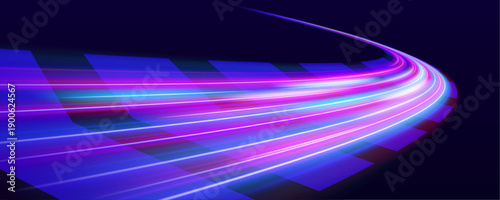 Smooth blue-pink neon streaks flow rapidly, forming a high-speed motion trail. Radiant edges enhance energy and clarity. Perfect for futuristic digital compositions. vector