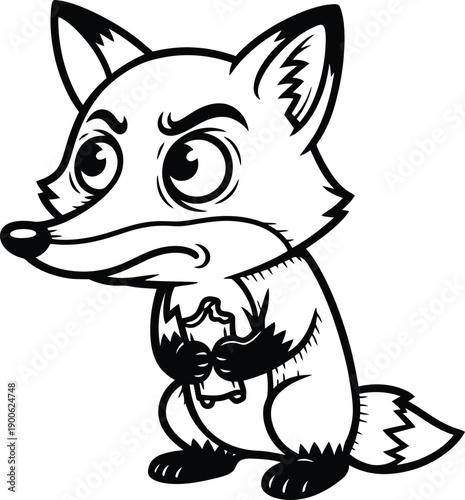 Grumpy cartoon fox character holding paper scroll line art drawing. Vector illustration