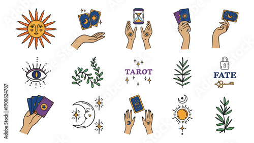 A mystical illustration of tarot cards and symbols of fate and fortune