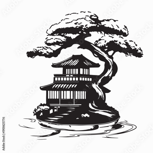fantasy japanese tree house in a bonsai tree peaceful garden in the background silhouette vector