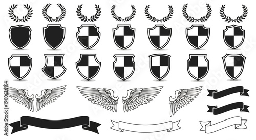 Collection of heraldic shields, laurels, wings, and banners for design and emblem creation.