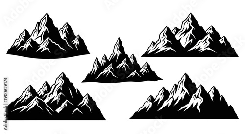 A collection of five stylized black and white illustrations of rugged mountain ranges, each with sharp peaks and dramatic shadows.