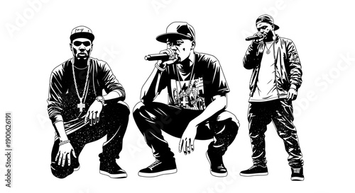 Three rappers in a stylized black and white illustration, holding microphones and wearing hip-hop attire.
