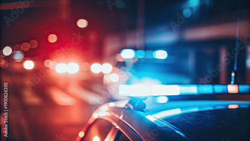 Wallpaper Mural Blurred background showing police lights at crime scene concept. Emergency vehicles illuminate a dark urban street at night. Torontodigital.ca