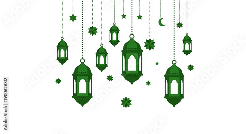 A collection of green Islamic lanterns and stars hanging against a white background, symbolizing Ramadan and Eid celebrations.