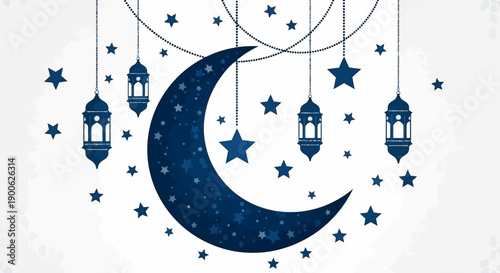 A beautiful Islamic crescent moon and lantern decoration with stars, symbolizing Ramadan or Eid celebrations.