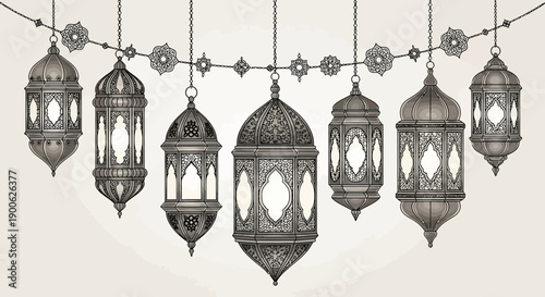 A vintage illustration of ornate Arabic lanterns hanging from a decorative string.
