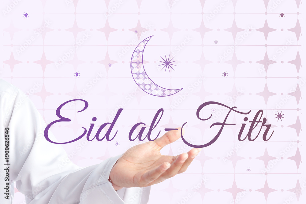 Fototapeta premium Celebration of Eid al-Fitr with crescent moon and hand gesture during Ramadan season