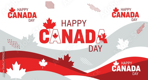 Happy Canada Day graphic with red and white maple leaves and wavy lines.