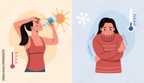Hot and Cold Weather Contrast, Woman Feeling Heat and Freezing Cold, Climate and Temperature Difference Concept. Vector cartoon flat style illustration
