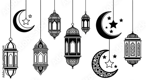 A collection of Islamic crescent moons and ornate lanterns hanging against a white background.