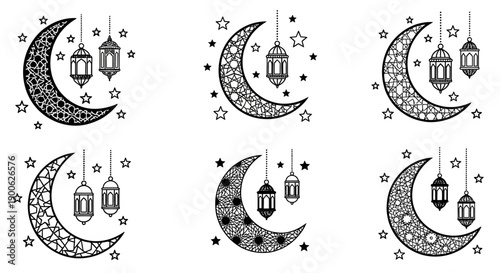 Collection of six stylized crescent moons with hanging lanterns and stars, suitable for Islamic cultural themes.