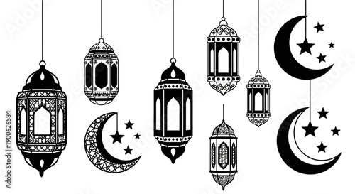 Collection of Islamic lanterns and crescent moons with stars, symbolizing Ramadan and Eid celebrations.