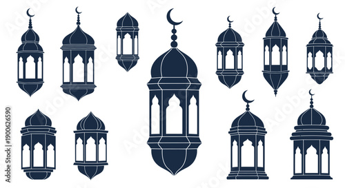 A collection of Islamic lanterns in various shapes and sizes, rendered in a dark blue silhouette against a white background.