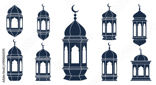 Collection of Islamic lanterns in various shapes and sizes, featuring intricate designs and crescent moon embellishments.