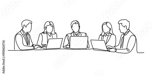 Continuous line drawing of five business professionals working on laptops at a meeting table Vector, illustration