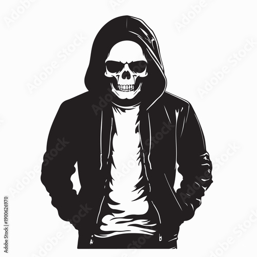 Skull Hoodie Vector. Creepy Skull Face in Dark Hooded Jacket Image Vector
