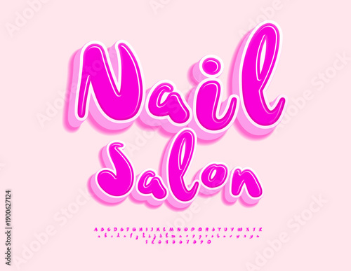 Vector Pink sign Nail Salon. Funny Handwritten Font. Decorative 3D Alphabet Letters and Numbers set