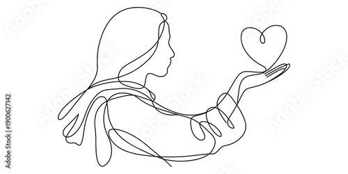 Minimalist continuous line art drawing of a person offering a heart in their outstretched hand Vector, illustration
