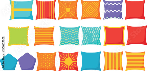 Colorful decorative pillow and cushion icon set with patterned throw pillows in flat vector style for home decor and interior design