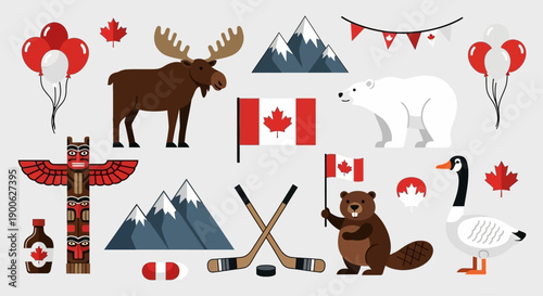 A vibrant collection of Canadian symbols including animals, flags, and natural elements.
