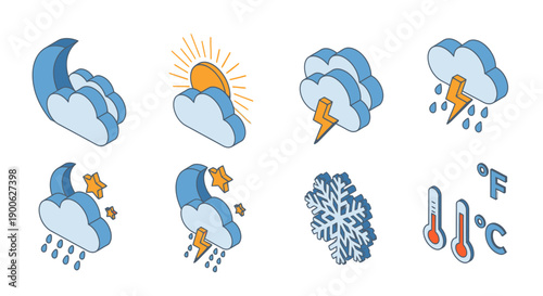Collection of isometric weather icons depicting various meteorological conditions and temperature readings.