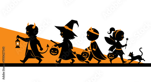 Children in Halloween costumes walking in a line with candy buckets and a black cat.