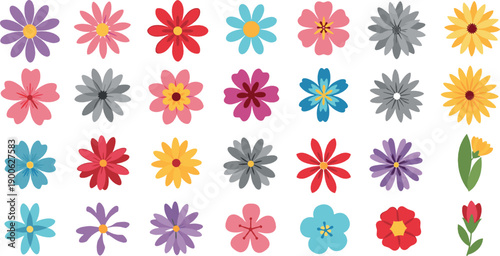 Colorful flower icon set with various flat floral shapes and bright blossoms in vector style for spring decoration, patterns and graphic design