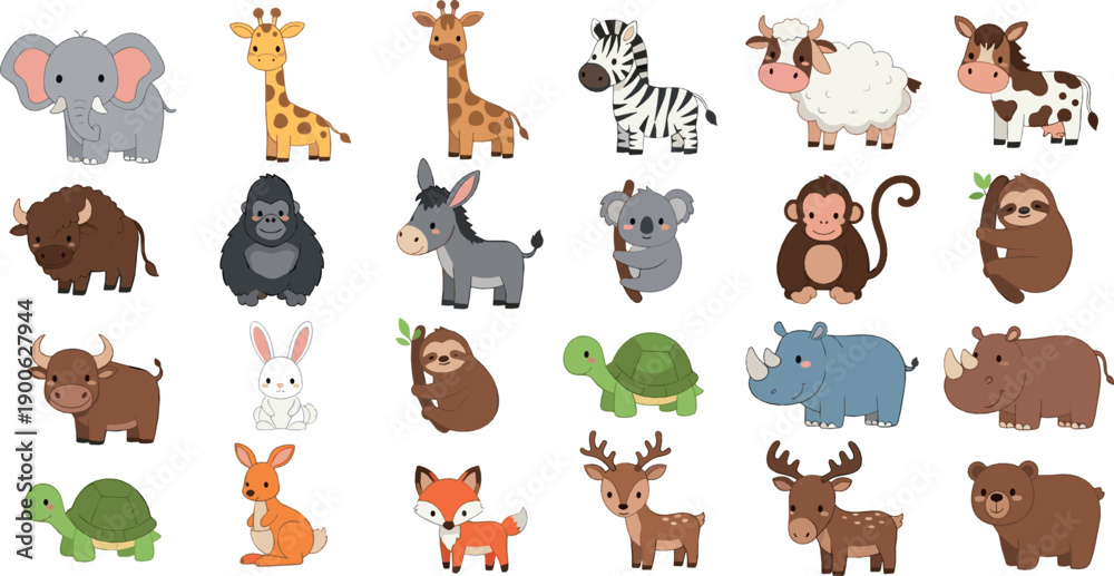 Fototapeta premium Cute animal illustration set with farm and wild animals including elephant, giraffe, zebra and bear in colorful flat vector cartoon style