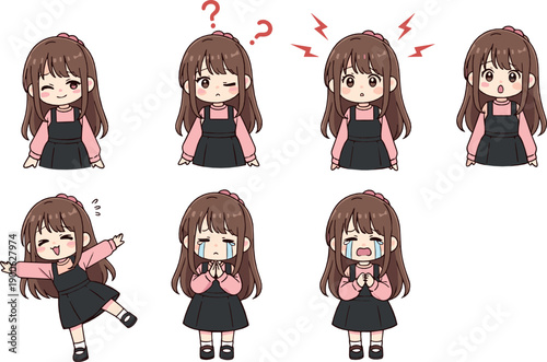 Cute anime girl character set showing emotions and reactions, kawaii facial expressions and poses, adorable cartoon flat vector illustration for stickers and social design