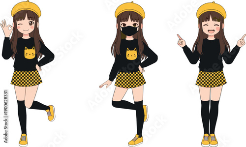 Cute anime girl character set with yellow outfit and playful poses, trendy kawaii cartoon flat vector illustration for fashion, stickers and youth design
