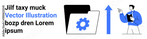 Data management, software development, file transfer, technology workflow, system optimization, documentation. Folder with gear icon, upward arrow person holding a tablet. Data management