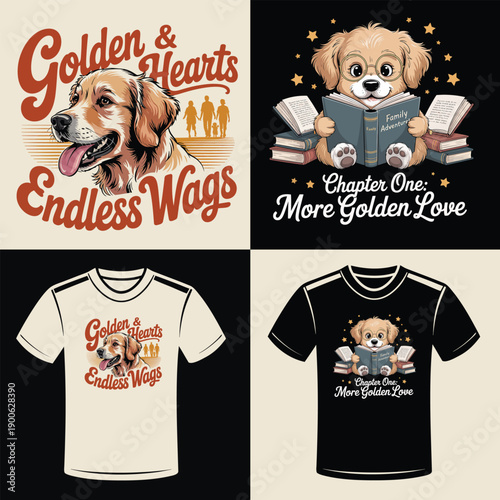 Golden Retriever dog with family silhouette and book reading puppy canine