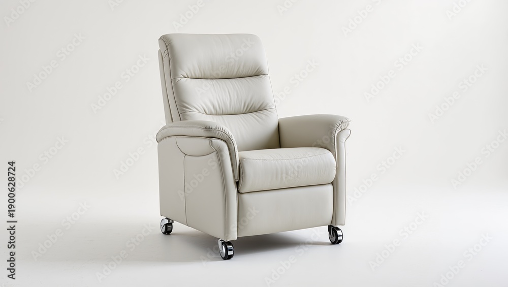 Fototapeta premium Modern beige upholstered recliner armchair with padded cushions and rolling wheels, isolated on a white background, designed for comfort, mobility, and contemporary living or assisted living interiors