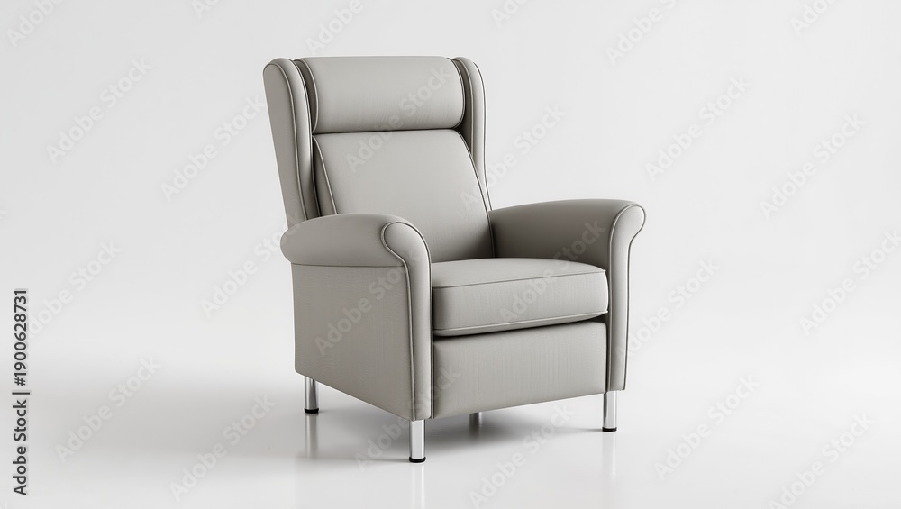 Fototapeta premium Modern beige upholstered recliner armchair with padded cushions and rolling wheels, isolated on a white background, designed for comfort, mobility, and contemporary living or assisted living interiors