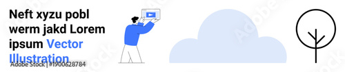 Man holding laptop with blue video screen, light blue cloud, simple black tree design, and placeholder text. Ideal for technology, environment, web design, modern style, minimalism education simple