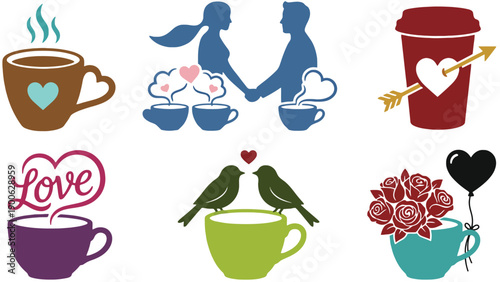 A collection of colorful coffee cup icons with love themes
