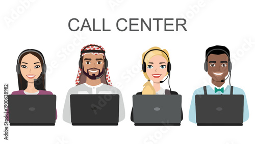 A diverse group of customer service representatives working at a call center