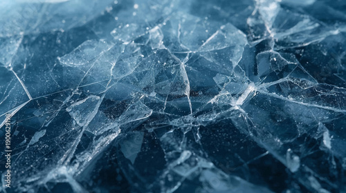 Close-up view of intricate patterns in fractured blue ice, showcasing its delicate and sharp textures.